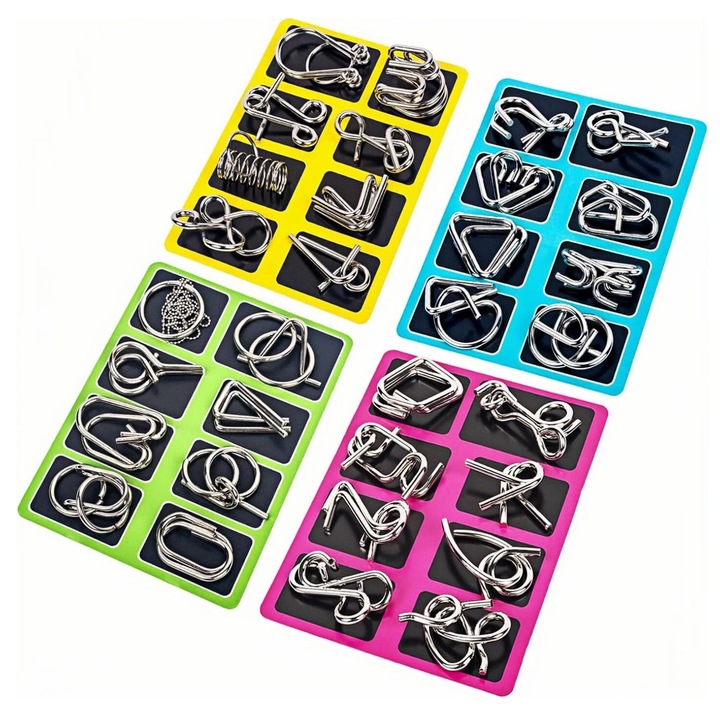 Set 4 Piese Puzzle Metalic, BOMSTOM, Joc de Dezlegare, 18.4x13.5x2.5cm, multicolor