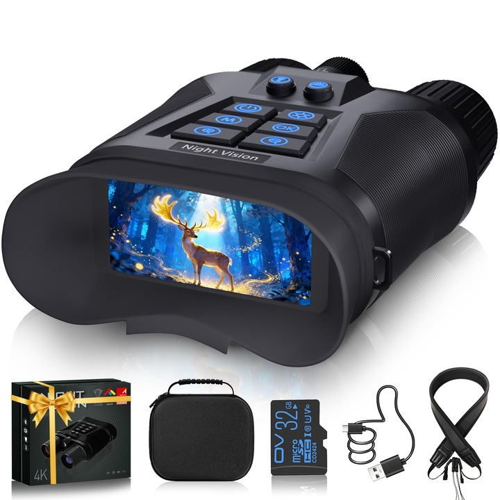 Бинокъл за нощно виждане 4K, LIVNO, регулируемо оптично увеличение, 8x, 3" екран, 5000 mAh, видимост 600 м, 32 GB карта памет включена, Черен