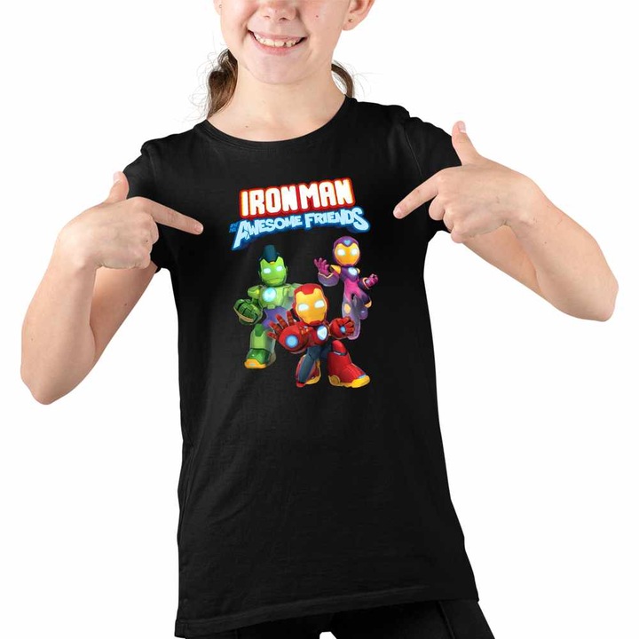 Tricou Copii Fete Iron Man Awesome Friends, Fekete