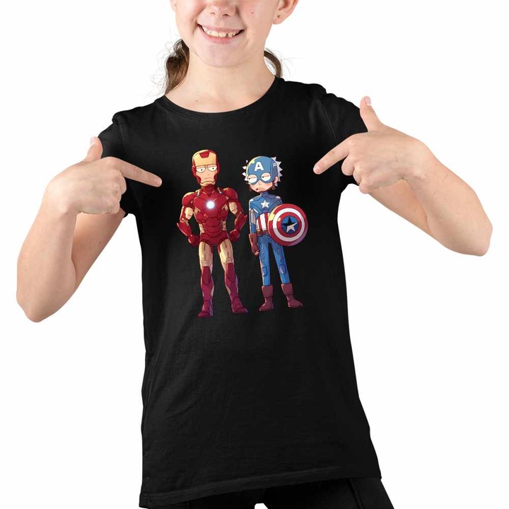 Tricou Copii Fete Iron Man Rick and Morty Captain America, Fekete