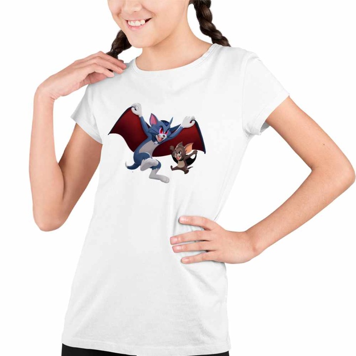Tricou Copii Fete Tom si Jerry Dracula Vampiri Halloween Horror, Fehér