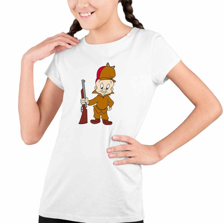 Tricou Copii Fete Bugs Bunny Elmer Fudd Vanator, Fehér