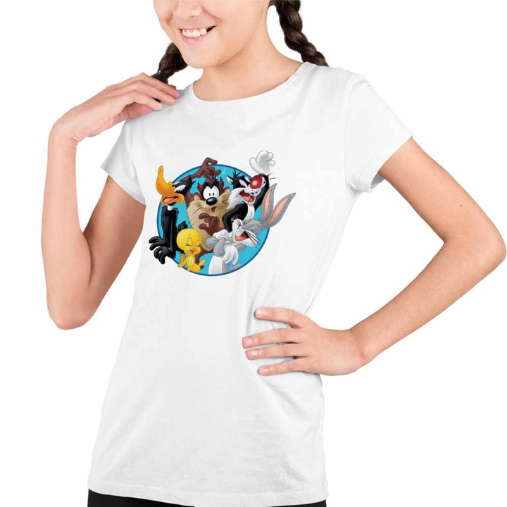Tricou Copii Fete Tweety Sylvester Daffy Bugs Bunny Taz Tasmanian Diavol, Fehér