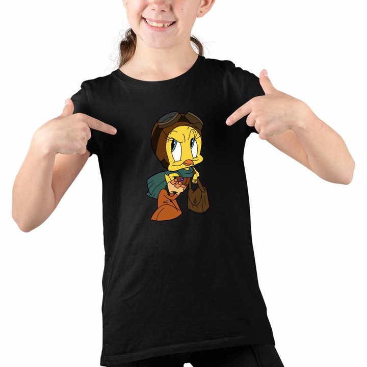 Tricou Copii Fete Tweety Aviator Looney Tunes, Fekete