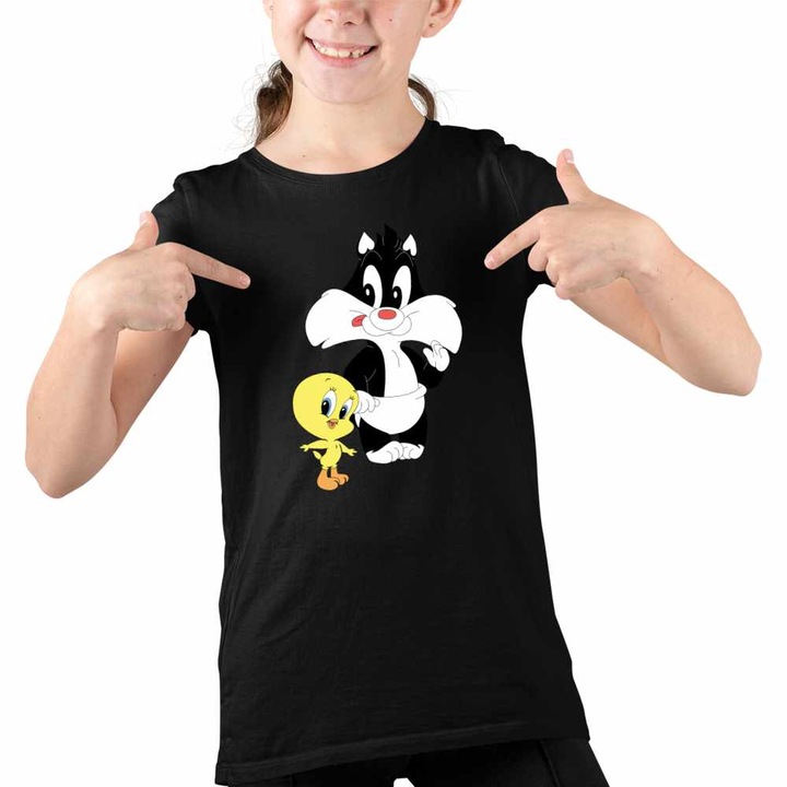 Tricou Copii Fete Tweety Sylvester Scutec, Fekete