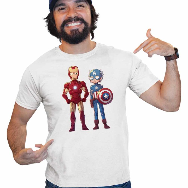 Tricou Barbati Iron Man Rick and Morty Captain America CoolTrend, alb, marime XL