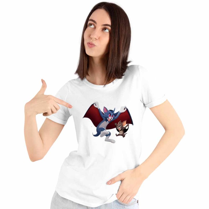 Tricou Femei Tom si Jerry Dracula Vampiri Halloween Horror CoolTrend, alb, marime 3XL
