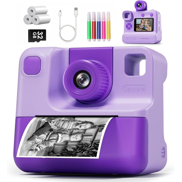 Детски моментален фотоапарат, Oricean, лилав, 3-12 години, 1080p, пълен комплект с 3 ролки хартия и 4 цветни маркера