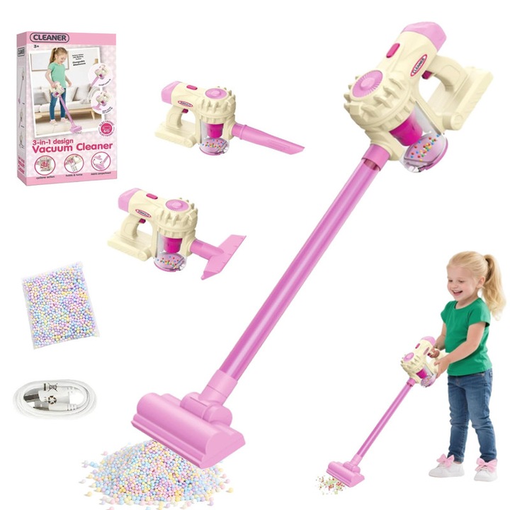 Set aspirator de jucarie pentru copii, Unloshe, Aspirator Electric de Jucarie 3 in 1, Functie Reala de Aspiratie, Efecte Sonore, Detasabile, Design Vertical, Joc Educational Interactiv, roz