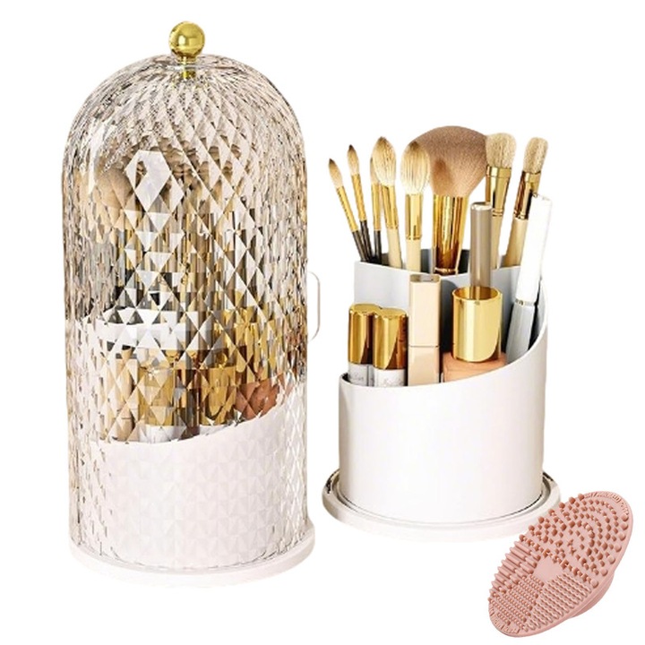 Suport rotativ pentru pensule de machiaj, Unloshe, Model cu romburi, Elegant, Capac Transparent, Compartiment cu trei niveluri, Rotativ in interior si exterior,27x12.3x12.3CM, Transparent