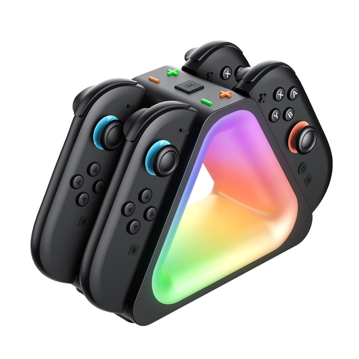 Statie incarcare gamepad pentru switch 2 Joy-Con, AFKSMILE, Incarcator de controler, Design triunghiular, Ergonomie si incarcare magnetica rapida, Se pot incarca pana la 4 in acelasi timp, Indicator RGB, Negru, Plastic, 15cm * 12.5cm * 7cm, 240g