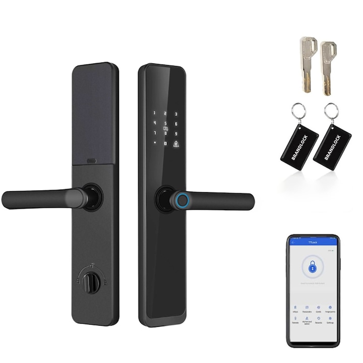 Смарт интелигентна брава с пръстов отпечатък, Duueyct, безключов достъп, приложение, карта, пръстов отпечатък, парола, ключ, съвместима с Android за спалня, хотел, склад, офис, черна