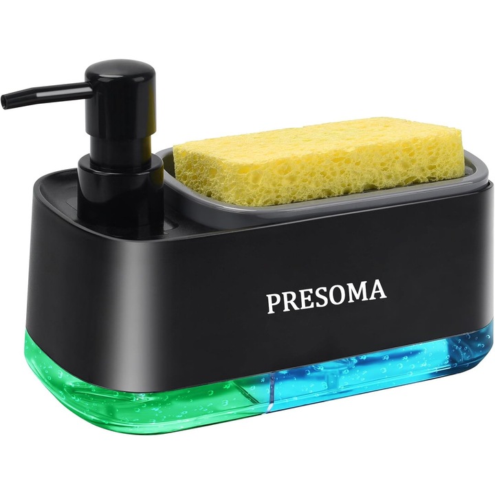 Дозатор за сапун 3 в 1 с двойна помпа, гъба и поставка за гъба, резервоар за вода 385 мл, черен