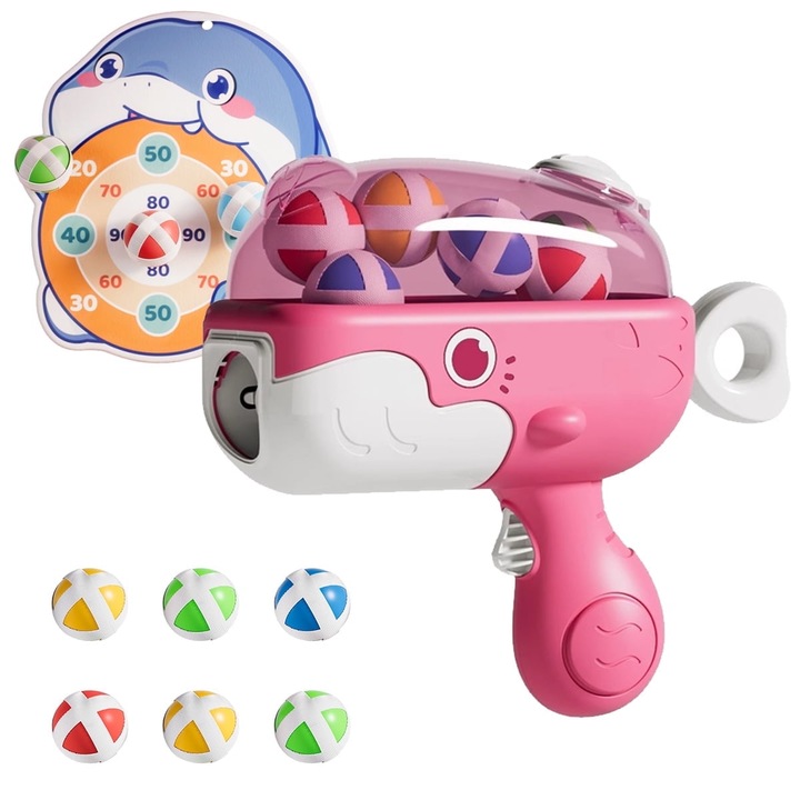 Pistol cu bile lipicioase, forma balena - Joc de tragere in aer liber, include tinta din pasla + 6 bile, cadou pentru copii（Roz）