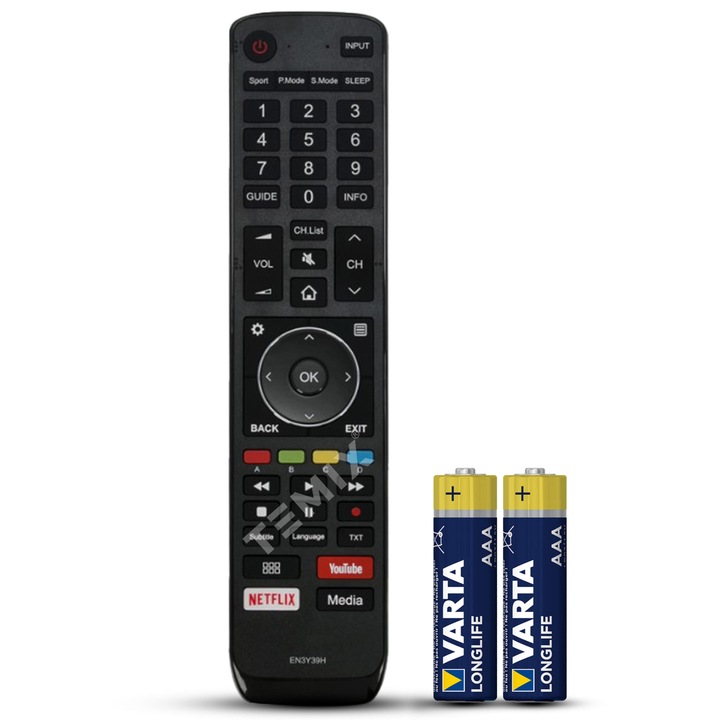 Telecomanda compatibila Hisense, H43AE6400, 643AE6500, H50A6500, H55AE6400, H55A6500, H65A6500, EN3Y39H, TEMIX®, neagra, baterii incluse