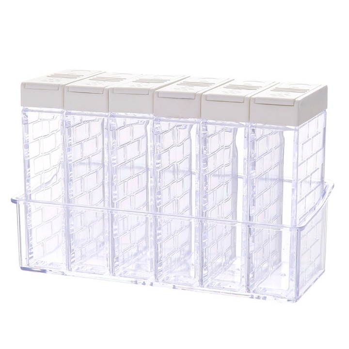 Set 6 recipiente pentru condimente, AFKSMILE, Borcane de depozitare pentru bucatarie, 2 site de granulatie, Cu tava, usor de curatat, Pentru zahar, cafea, ceai sau condimente, Plastic, 16.5cm * 6.5cm * 10.5cm, Transparent/alb