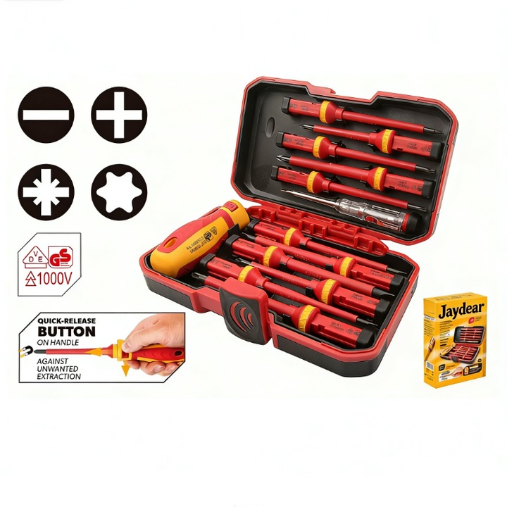 Комплект от 13 изолирани отвертки VDE Industrial, VDE/GS сертифицирани, PH, PZ, SL, Torx, тестер за напрежение и сменяема дръжка, за безопасна електрическа работа до 1000V
