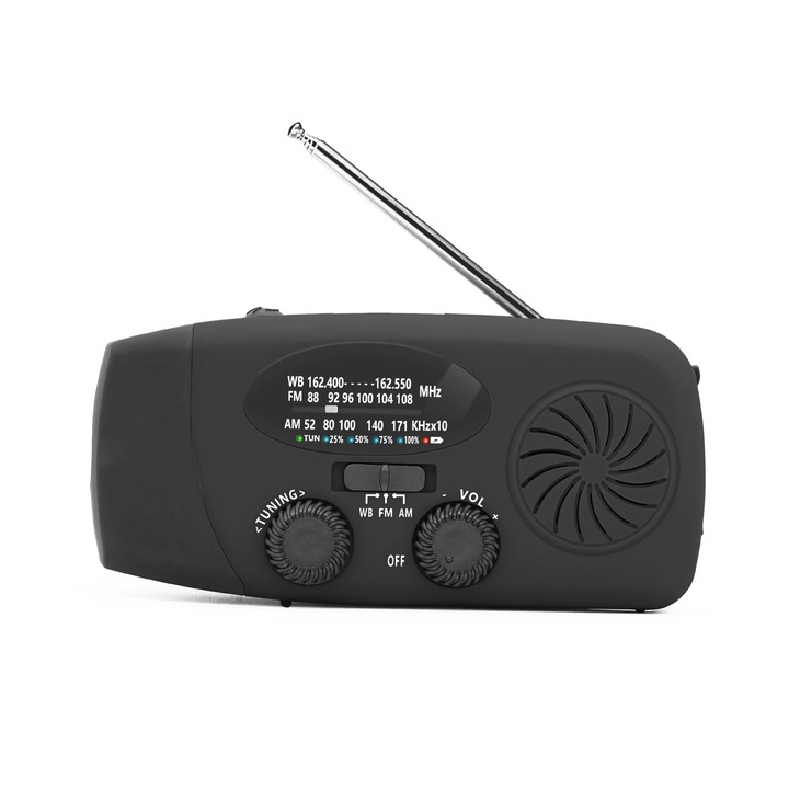 Radio portabil multifunctional cu manivela si alimentare solara, negru, 6000mAh
