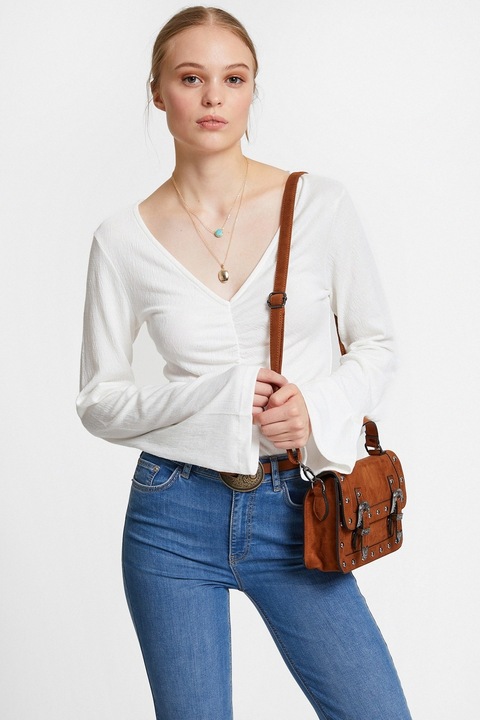 OXXO, Bluza cu mansete evazate si decolteu in V, Alb