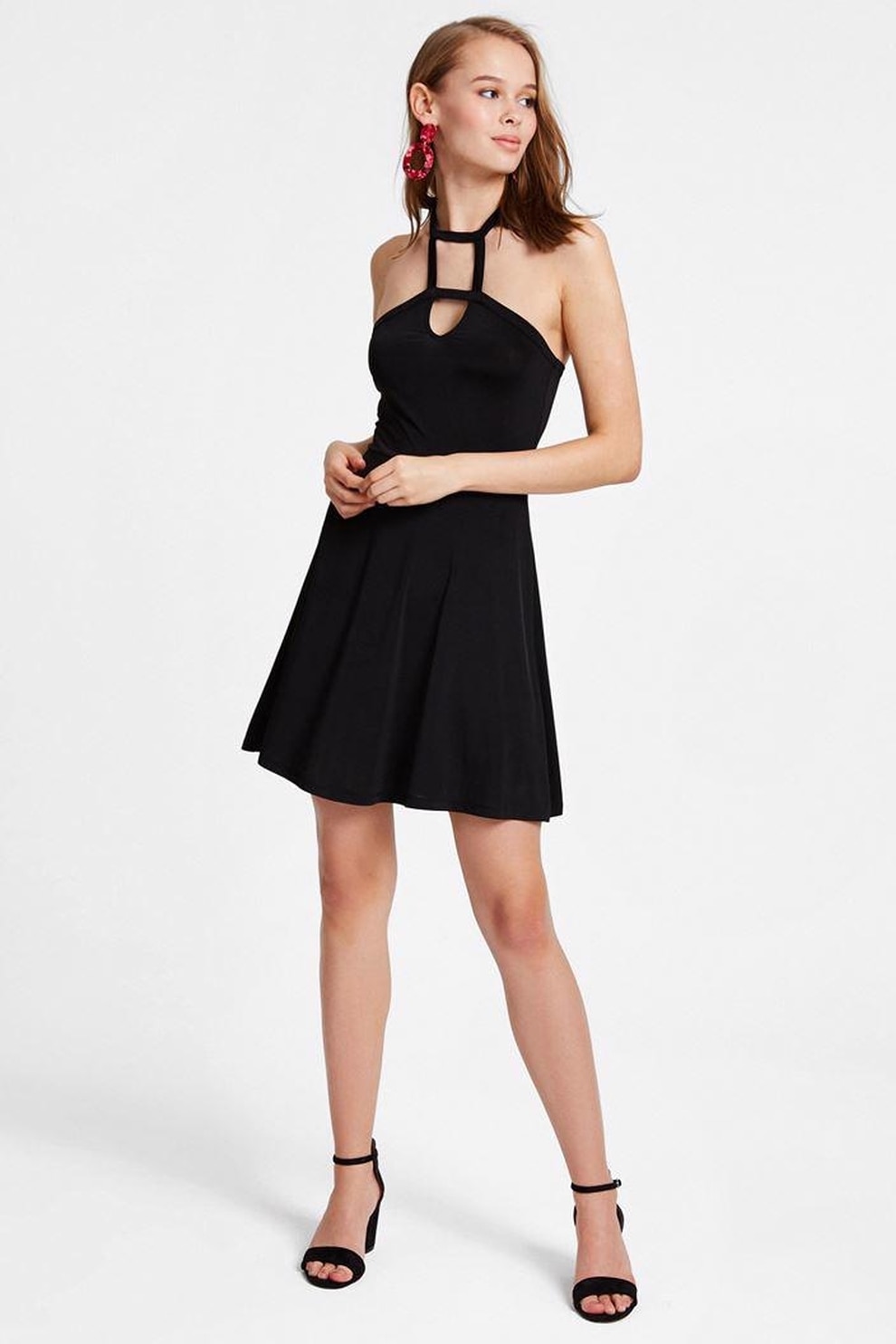 OXXO, Rochie mini evazata cu model halter, Negru, M