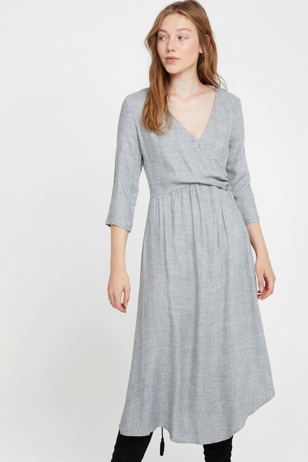 OXXO, Rochie midi cu decolteu in V, Gri melange, S