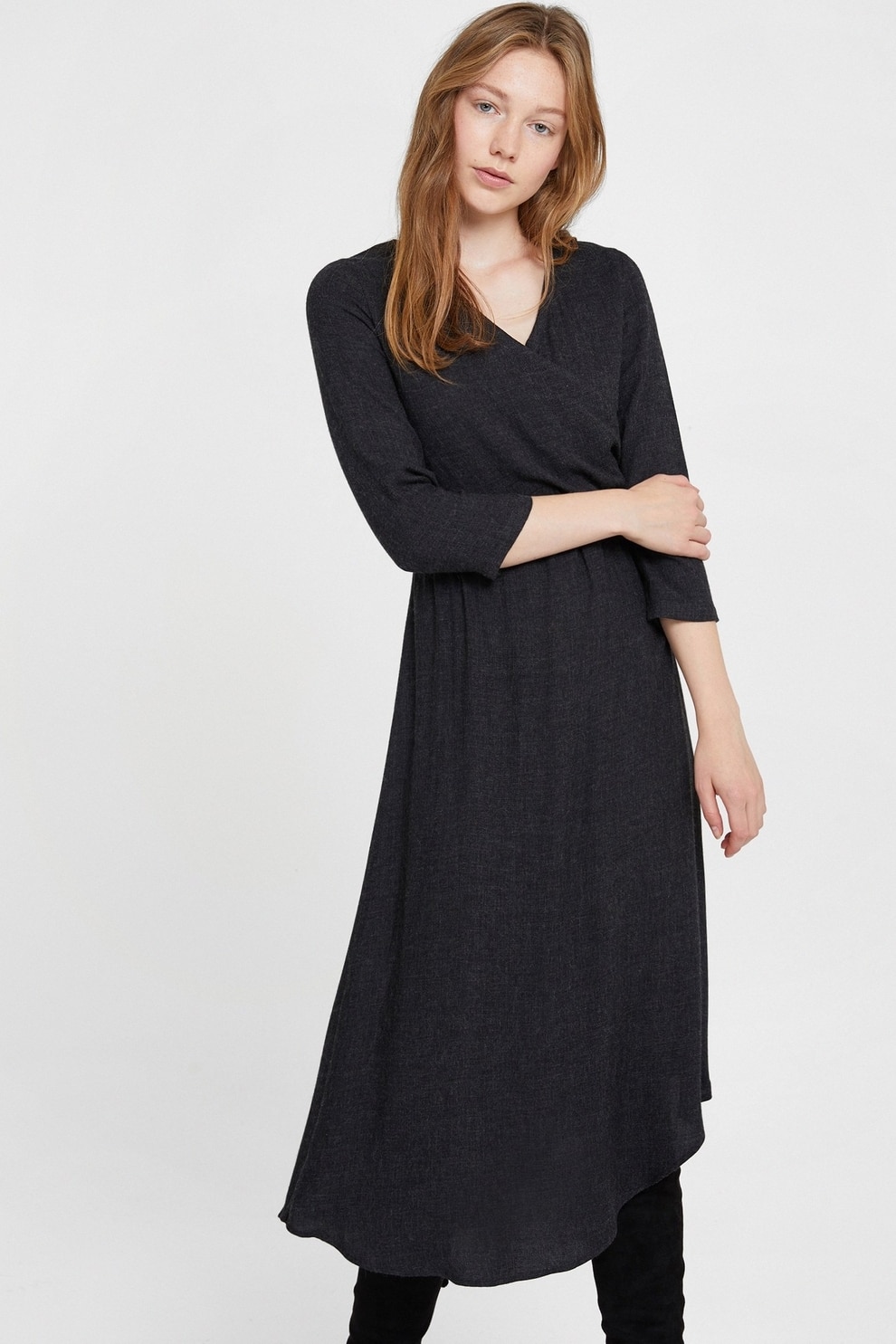 OXXO, Rochie midi cu decolteu in V, Negru, XS