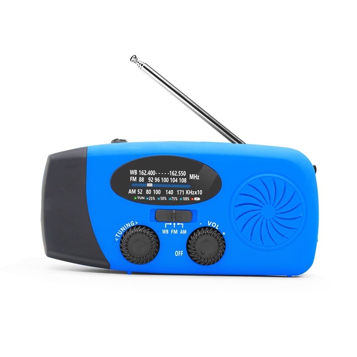 Radio portabil cu manivela, multi-functional, albastru, 6000mAh
