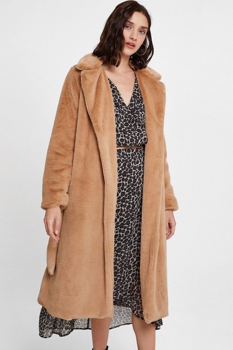 OXXO, Palton lung din plus cu model petrecut, Maro camel