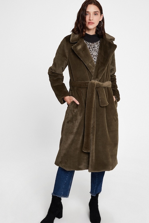 OXXO, Palton lung din plus cu model petrecut, Kaki