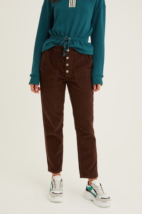 OXXO, Pantaloni crop din reiat cu nasturi, Maro inchis