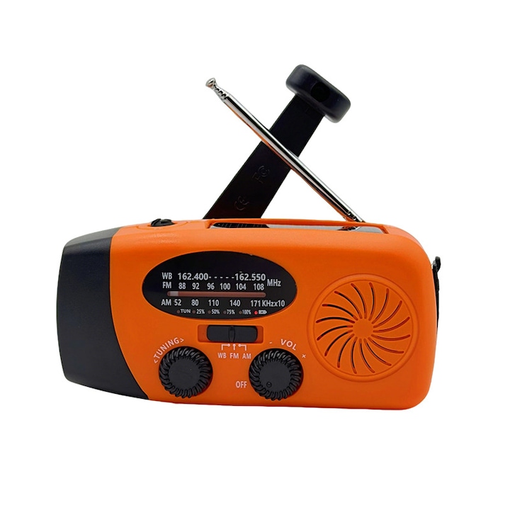 Radio portabil multifunctional cu manivela si alimentare solara, portocalie, 2000mAh