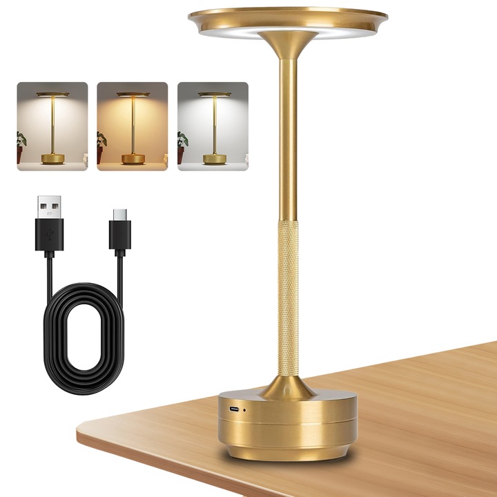 Veioza Juksun, 3 temperaturi de culoare ajustabile, aurie, 13x28cm, cu baterie reincarcabila 2600mAh