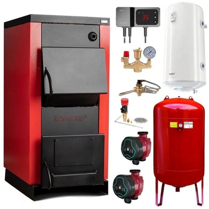 Pachet Centrala/Cazan pe lemn Termax 30 kW, cu ardere standard, volum manta apa 90 litri, boiler termoelectric, grup siguranta, pompe recirculare, regulator de tiraj, vas expansiune, supapa termica, controler