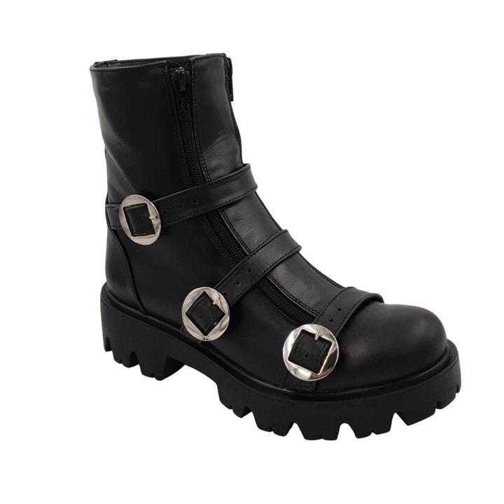 Ghete dama, SandAli, piele naturala, catarame, fermoare, negru, Negru, 35.5