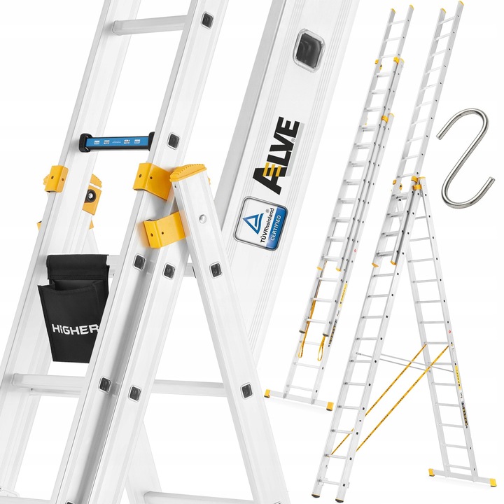 Scară aluminiu multifuncțională ALVE 3x15, capacitate 150 kg, lungime 10.9 m, înălțime lucru 12 m, include magnes