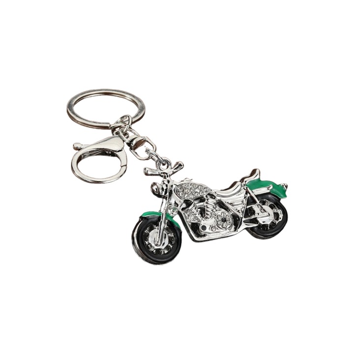Breloc Chei Motocicleta, Metalic, Design Chopper (Stil Harley), Strass/Cristale, Accesorii Barbati, Culoare verde si Alb