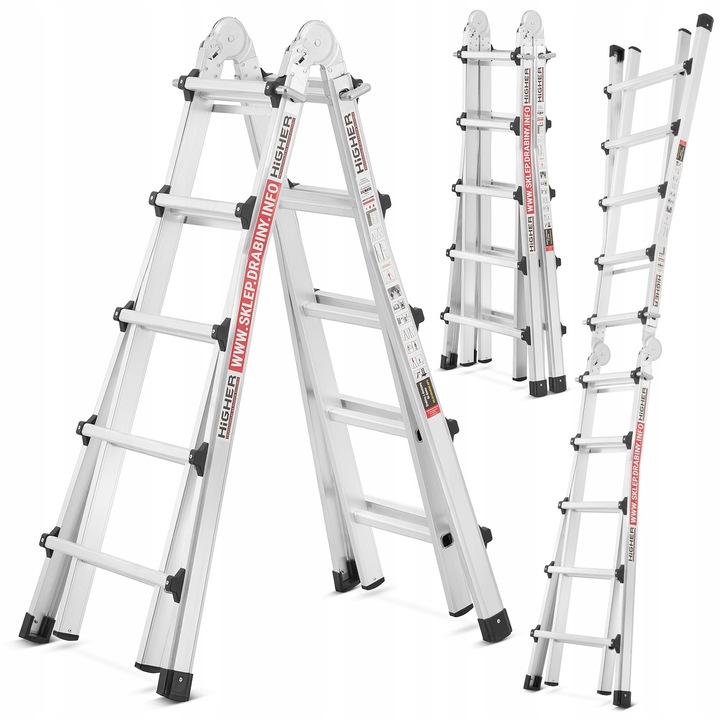 Scară telescopică articulară din aluminiu Higher Combo 4x5m, înălțime maximă de 6.5m, sarcină maximă 150kg, design compact