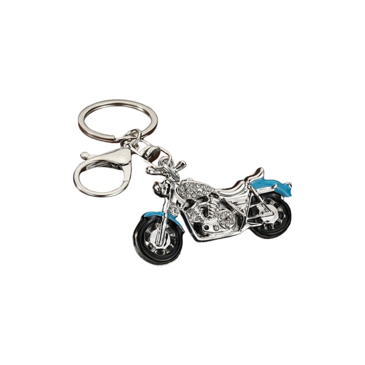Breloc Chei Motocicleta, Metalic, Design Chopper (Stil Harley), Strass/Cristale, Accesorii Barbati, Culoare albastru si Alb
