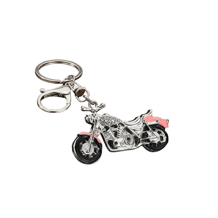 Breloc Chei Motocicleta, Metalic, Design Chopper (Stil Harley), Strass/Cristale, Accesorii Barbati, Culoare roz si Alb