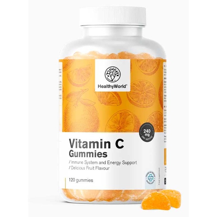 Bomboane gumate Vitamina C 240 mg, HealthyWorld, aroma de portocale, 120 bucăți, fără gluten