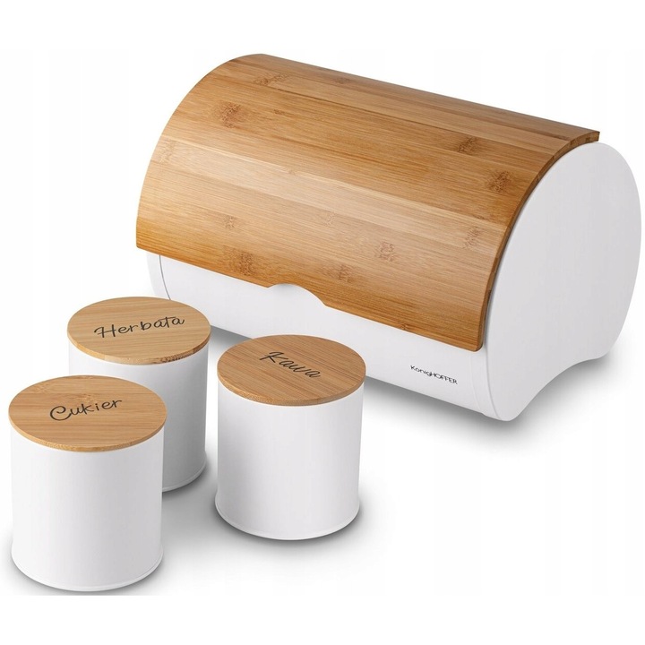 Set chlebak alb cu 3 recipiente pentru cafea, ceai, zahăr, Konighoffer, 32x24x20.5cm, 10x10x11cm