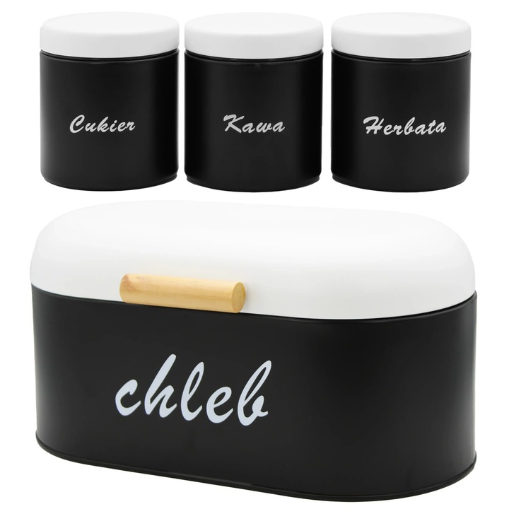 Set cutie pâine metalică neagră și recipiente pentru cafea, ceai, zahăr, inox, 33, 5x20x16, 5cm, 10x10x10cm