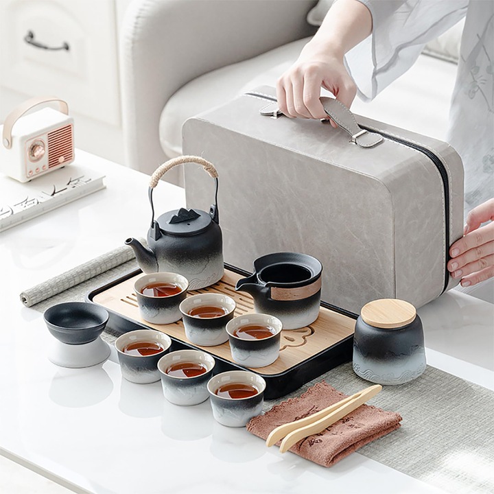 Set de ceai portabil 13 piese, XGETOP®, ceramica, negru, cu suport de transport