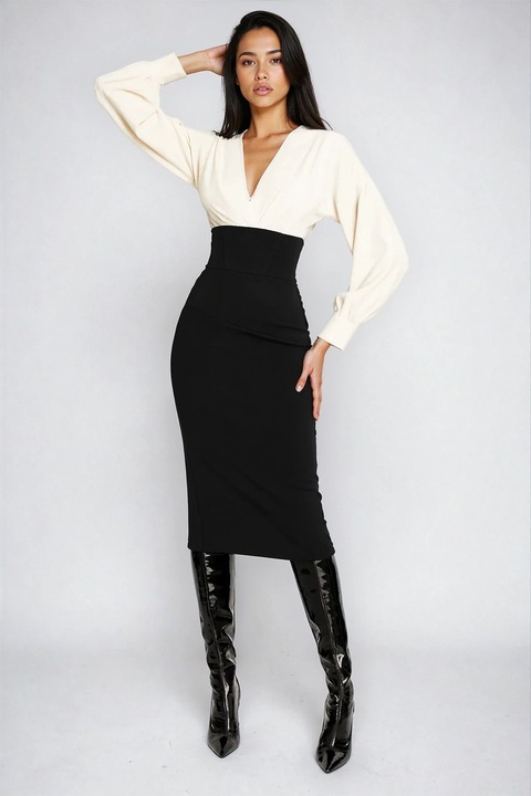 Alina Cernatescu, Rochie midi cu decolteu in V, Alb fildes/Negru