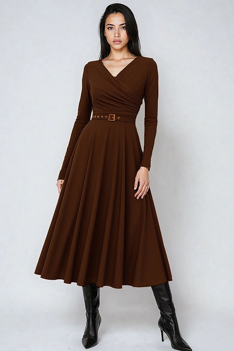 Alina Cernatescu, Rochie midi din amestec de lyocell cu croiala evazata si curea in talie, Maro inchis