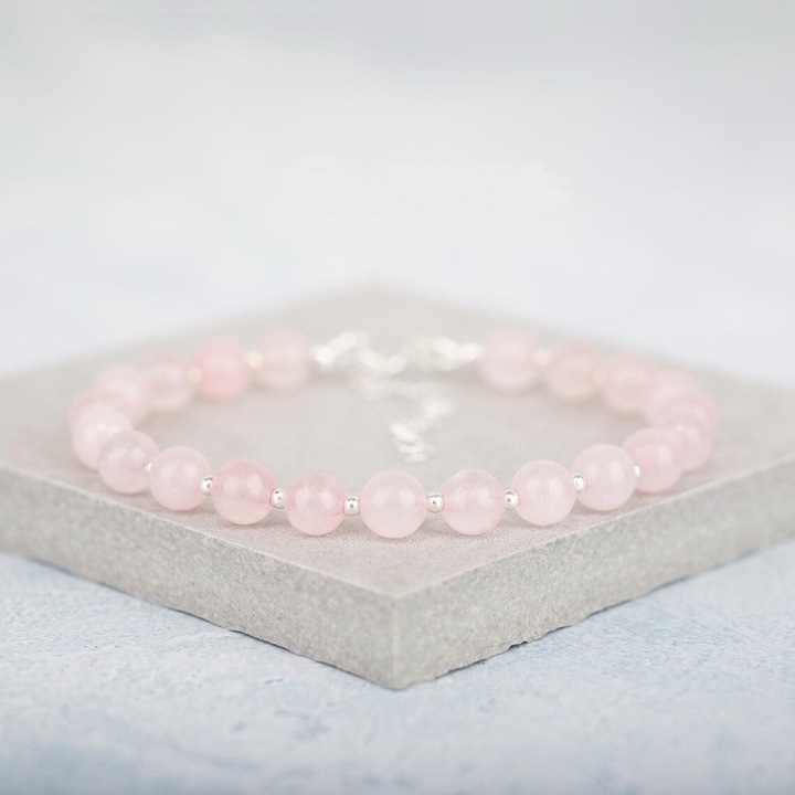 Bratara cuart roz 8mm si argint, handmade Dual Stax
