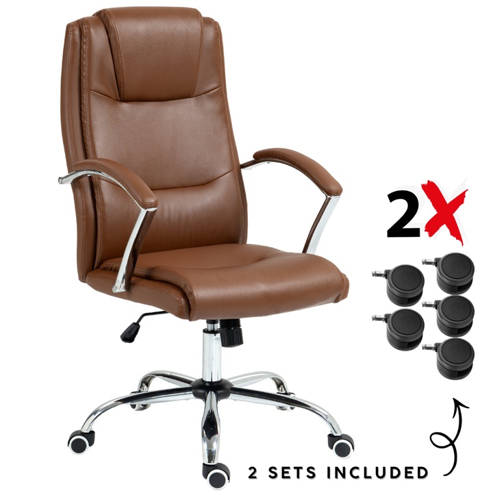 Ергономичен директорски офис стол KD Home® Noble Seat, метална рамка, включени 2 комплекта колела, регулируема височина, силиконови колела, механизъм за накланяне, огнеустойчив, до 160 кг, кафяв