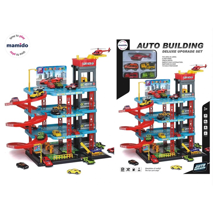 Комплект многоетажни паркинги Mamido City Mansion с 6 колички, хеликоптер, 4 етажа, многоцветен
