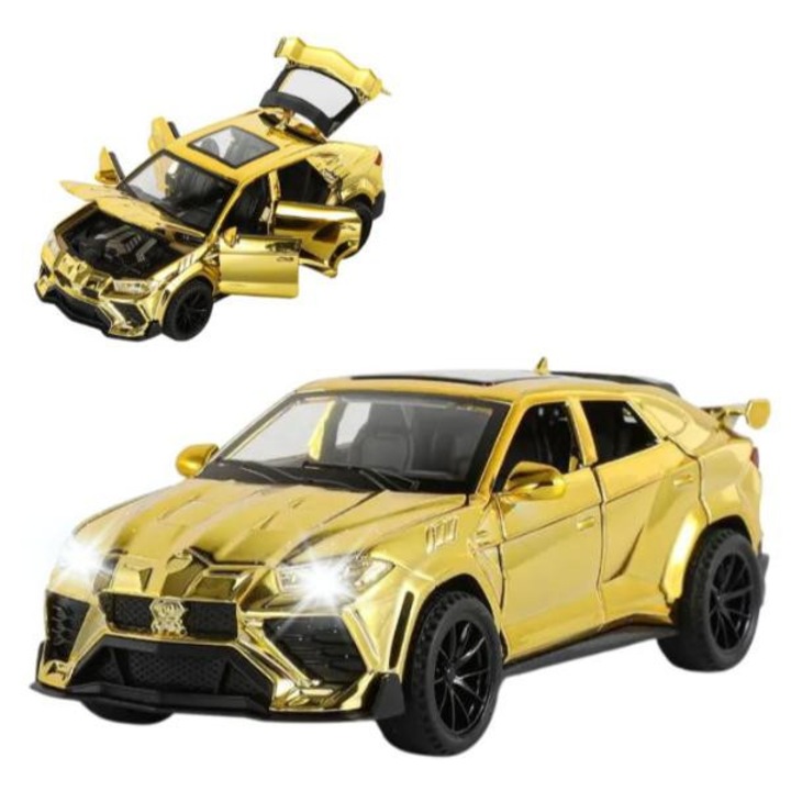 Masinuta Metal tip Lamborghini Urus Metalizat, Usile, capota si portbagajul se deschid, Sunete, Lumini, Pull-Back, Auriu, 16cm
