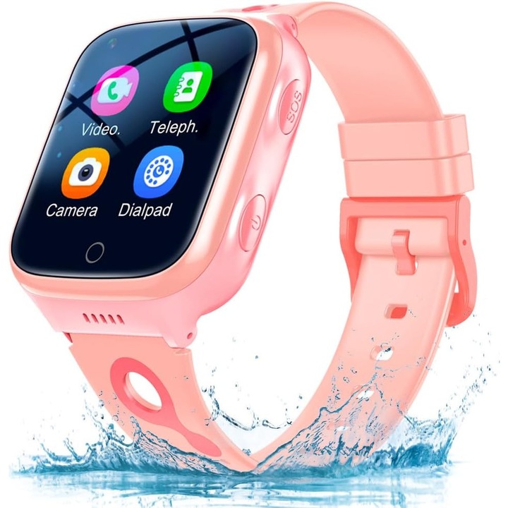 Детски смарт часовник GPS 4G, с GPS, видео разговор, водоустойчив, правене на снимки, броене на стъпки, социални забавления, интелигентно напомняне, Android, IOS, SOS, слот за SIM карта, розов